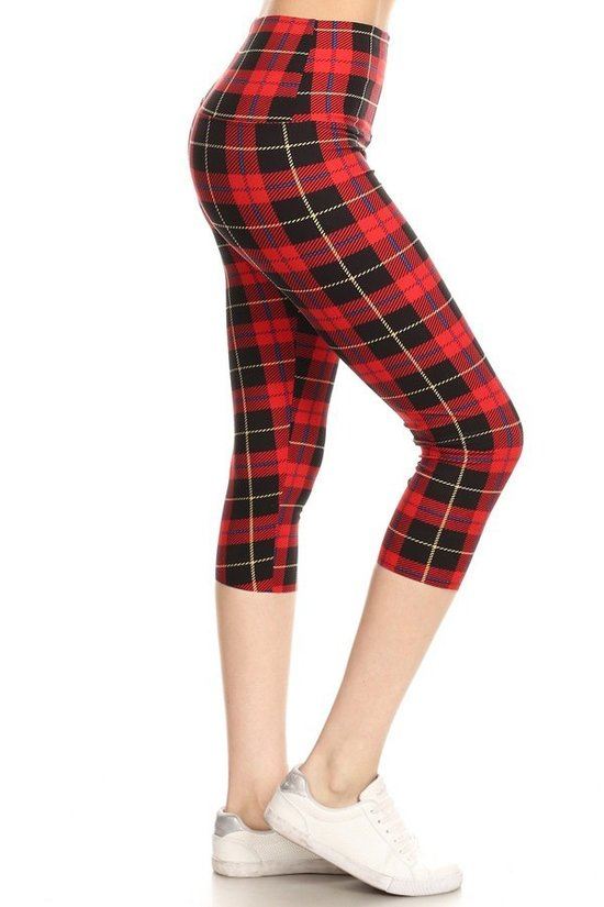 Yoga Style Banded Lined Plaid & Checkered Printed Knit Capri Legging With High Waist - YuppyCollections