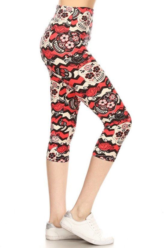 Yoga Style Banded Lined Sugar Skull Printed Knit Capri Legging With High Waist - YuppyCollections