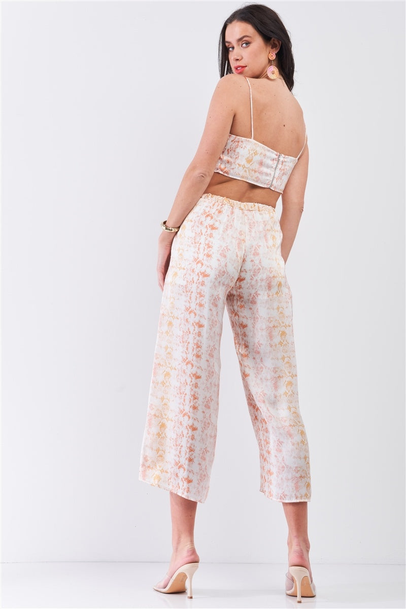 Silky Snake Print Sleeveless Crop Top & High Waist Flare Bottom Pants Set - YuppyCollections