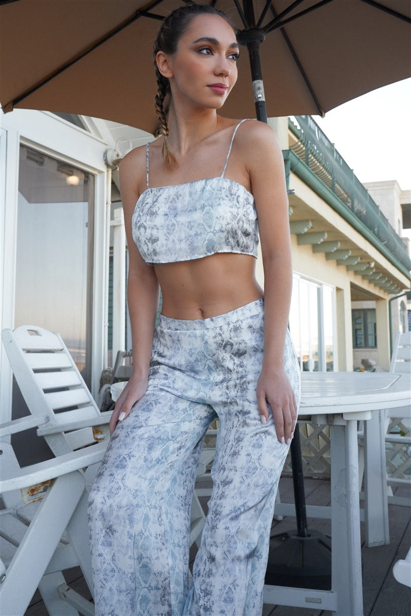 Silky Snake Print Sleeveless Crop Top & High Waist Flare Bottom Pants Set - YuppyCollections