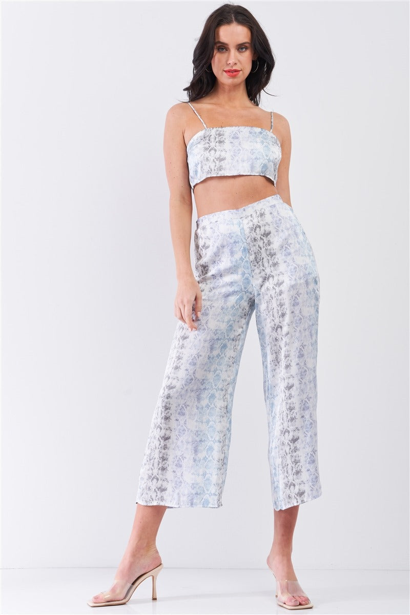 Silky Snake Print Sleeveless Crop Top & High Waist Flare Bottom Pants Set - YuppyCollections