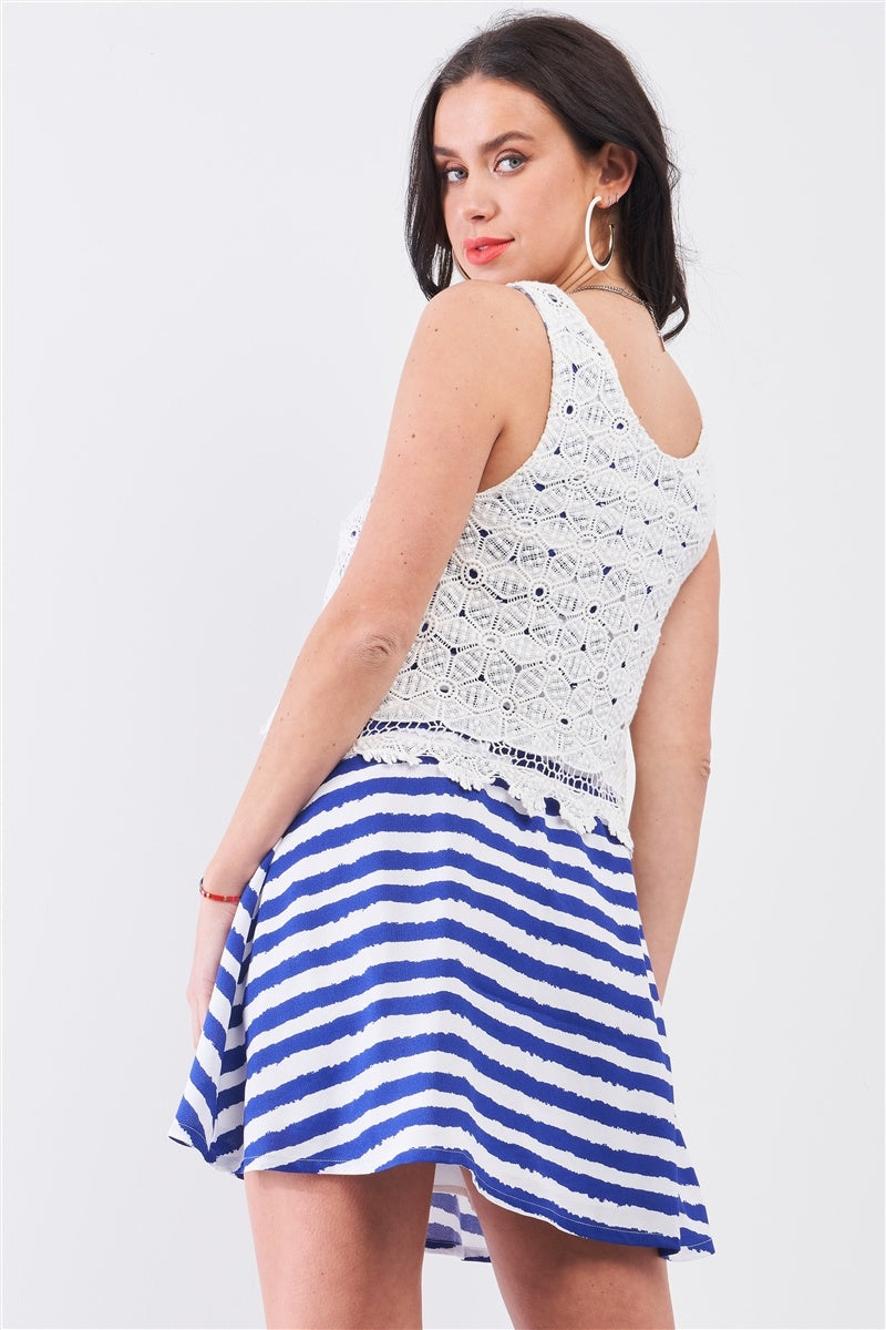 White & Navy Horizontal Striped Round Neck Sleeveless Floral Embroidery Layered Top Mini Dress - YuppyCollections