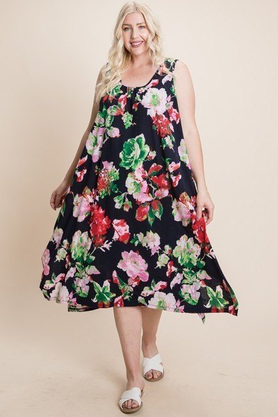 Plus Size Floral Bulgari Printed Tank Midi Dress With Asymmetrical Hem - YuppyCollections