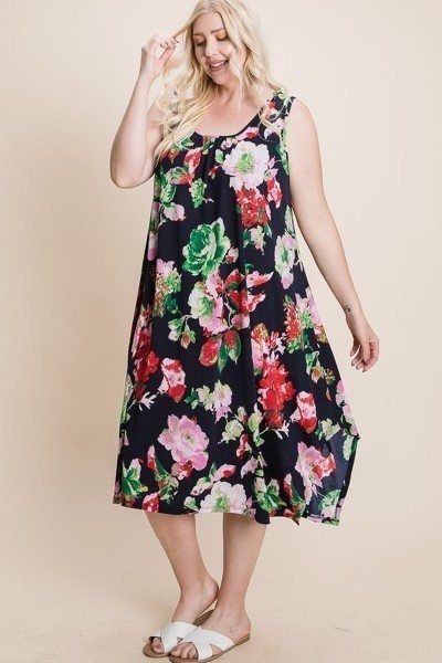 Plus Size Floral Bulgari Printed Tank Midi Dress With Asymmetrical Hem - YuppyCollections