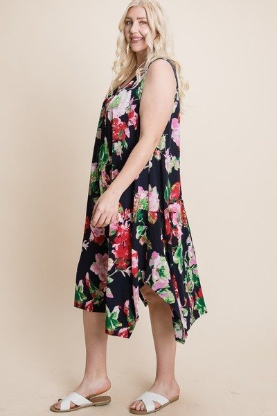 Plus Size Floral Bulgari Printed Tank Midi Dress With Asymmetrical Hem - YuppyCollections