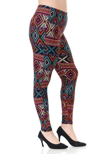 Plus Size Multi Print, Full Length Leggings In A Slim Fitting Style With A Banded High Waist - YuppyCollections