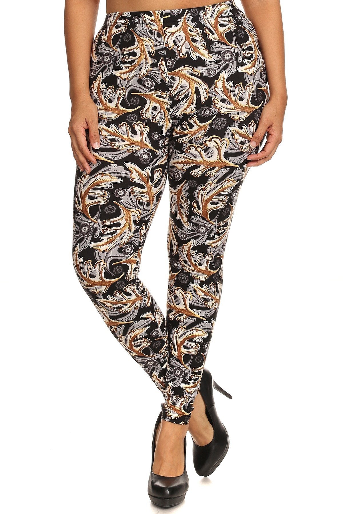 Abstract Leaf Print, Full Length Leggings In A Slim Fitting Style With A Banded High Waist - YuppyCollections