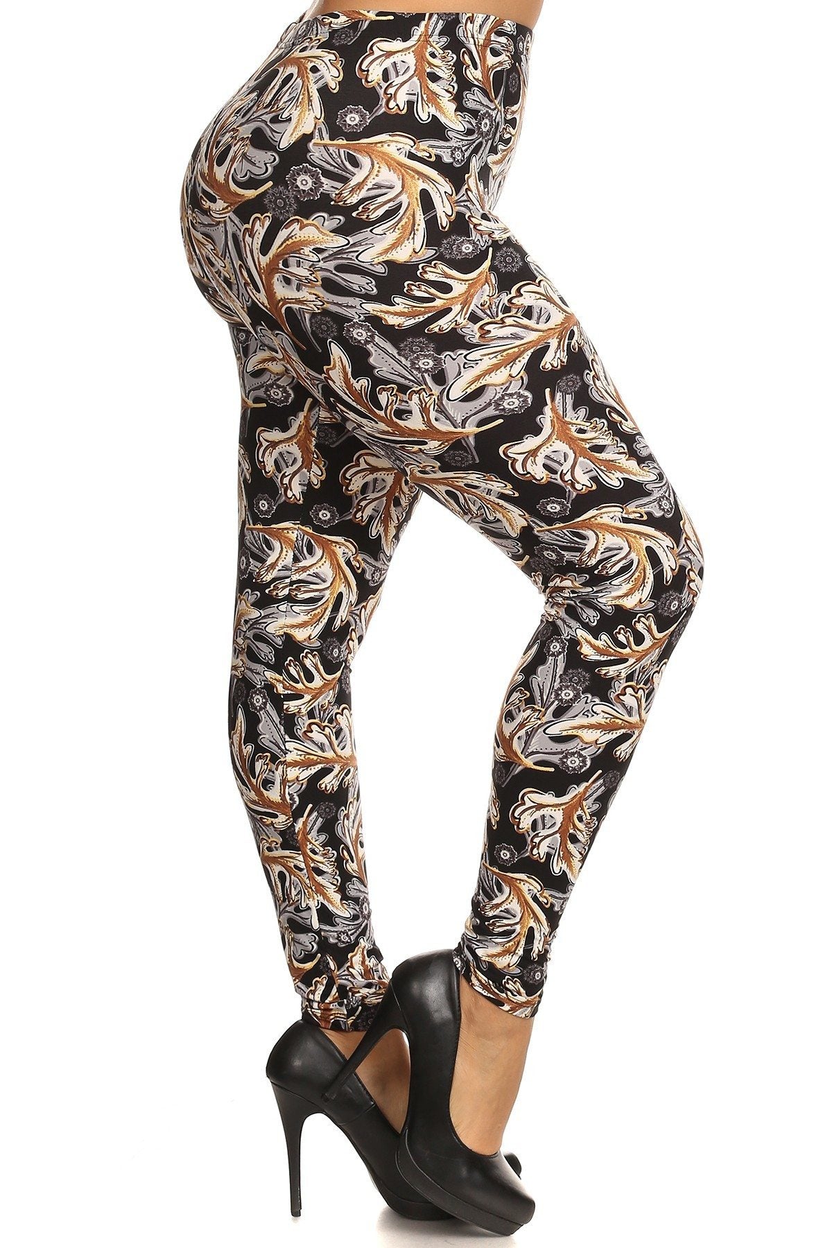 Abstract Leaf Print, Full Length Leggings In A Slim Fitting Style With A Banded High Waist - YuppyCollections