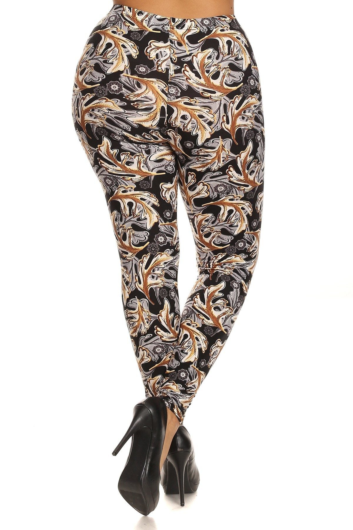 Abstract Leaf Print, Full Length Leggings In A Slim Fitting Style With A Banded High Waist - YuppyCollections