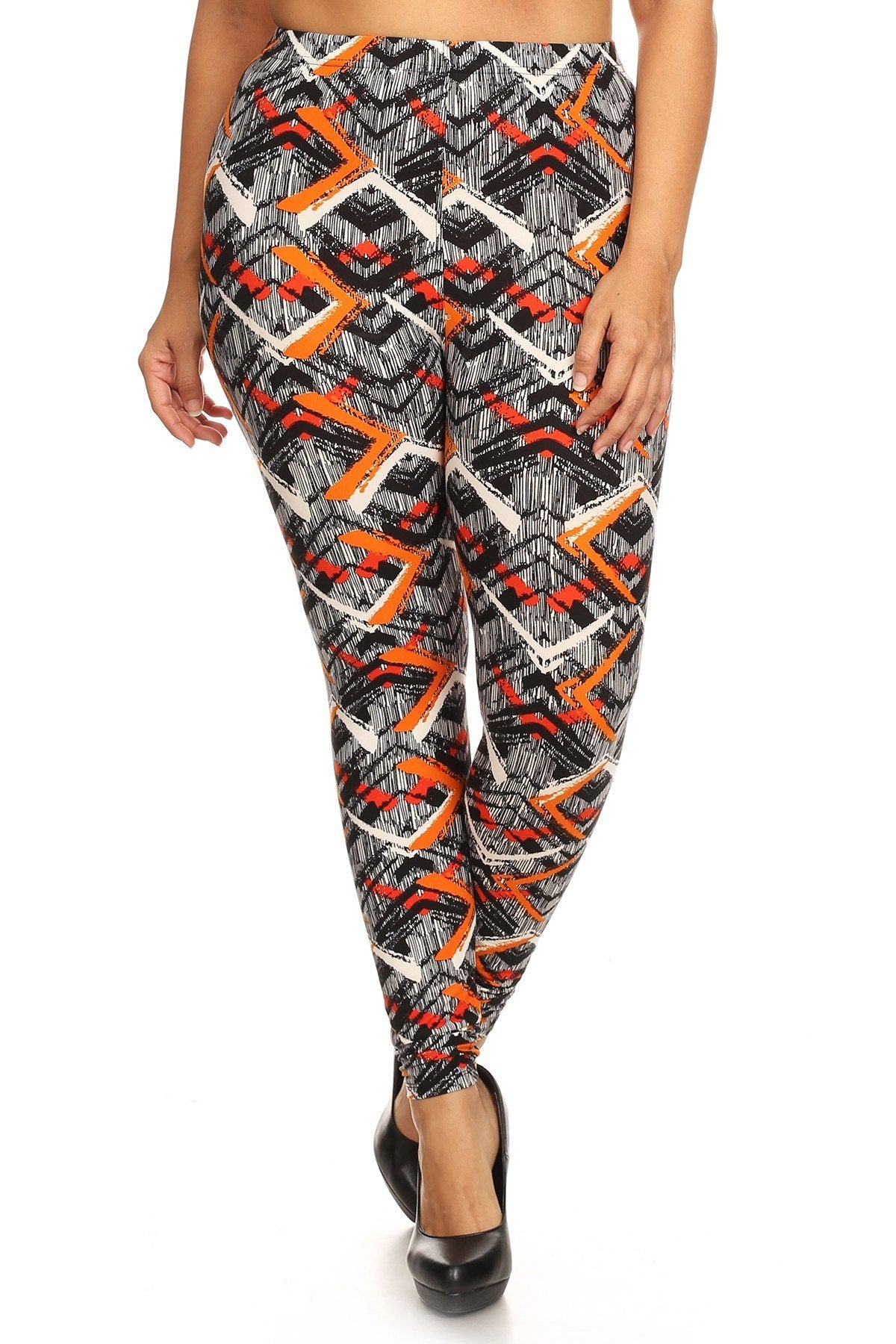 Plus Size Abstract Print, Full Length Leggings In A Slim Fitting Style With A Banded High Waist - YuppyCollections