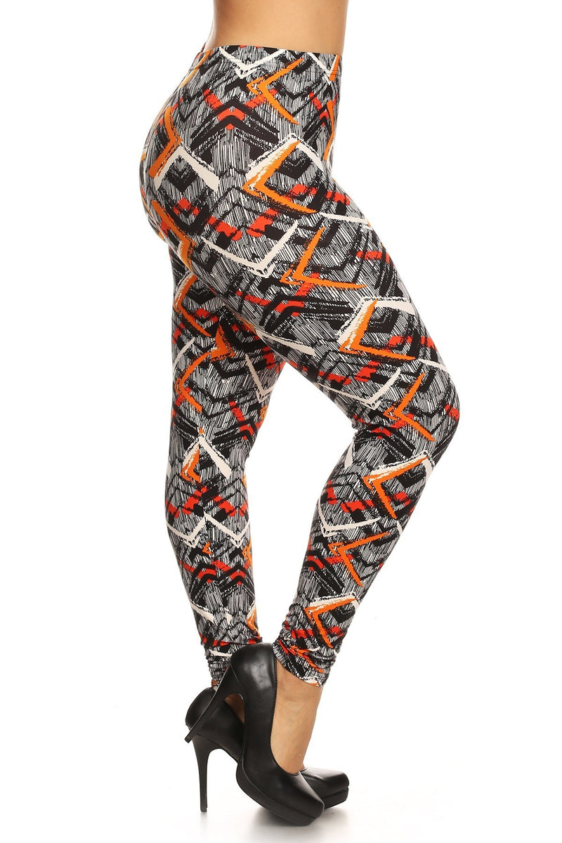 Plus Size Abstract Print, Full Length Leggings In A Slim Fitting Style With A Banded High Waist - YuppyCollections