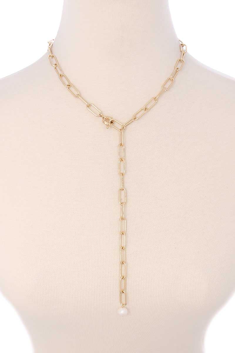 Metal Chain Y Neck Pearl Dangle Necklace - YuppyCollections