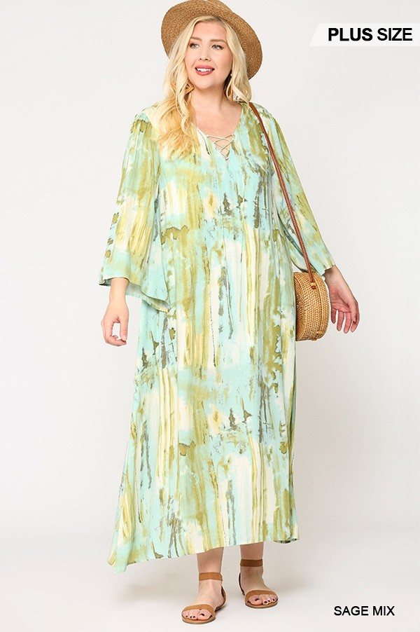 Tie Dye Multi Color Printed Maxi Dress With Lace Up - YuppyCollections