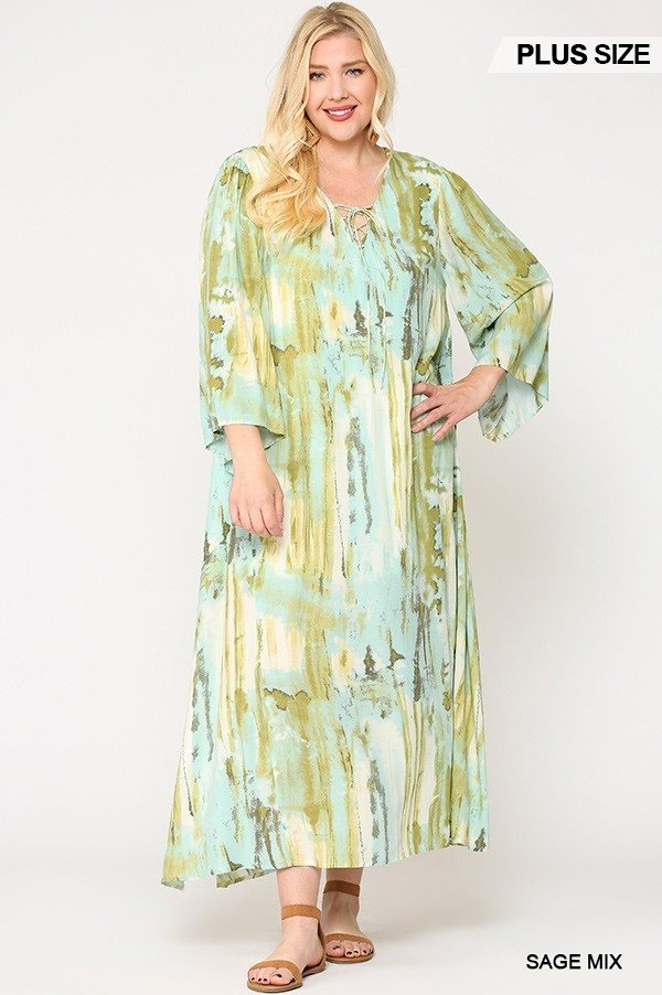 Tie Dye Multi Color Printed Maxi Dress With Lace Up - YuppyCollections