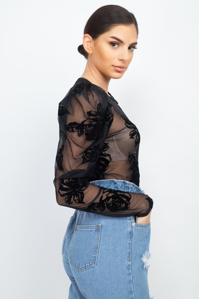 Floral-embroidered Long Puff Sleeves Top - YuppyCollections