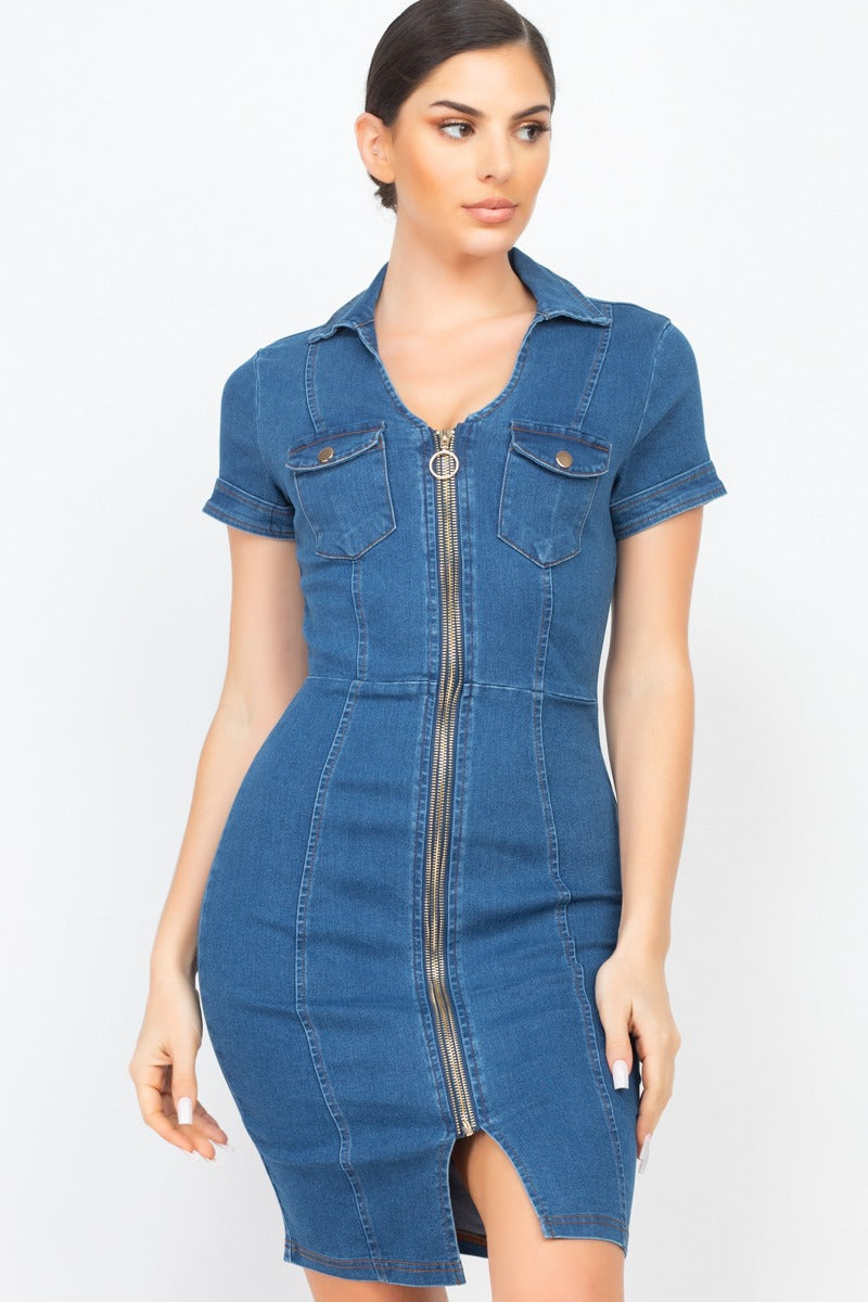 Zip Front Denim Mini Dress - YuppyCollections