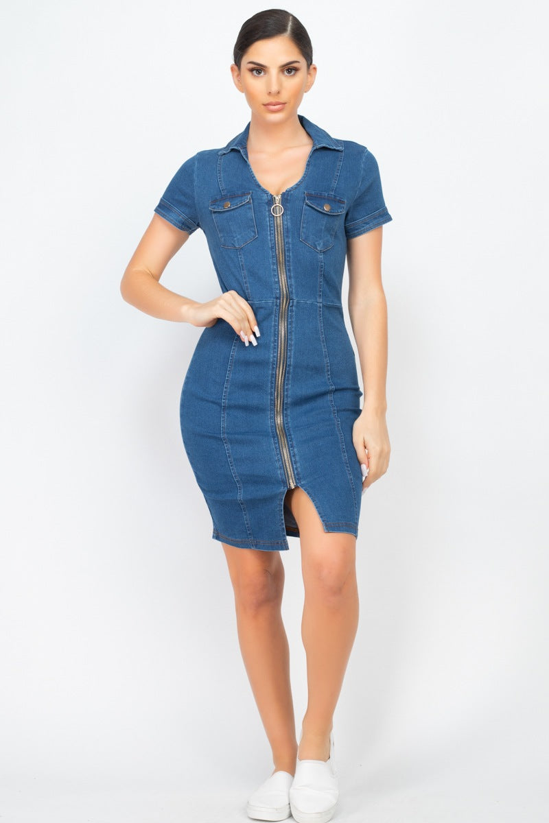 Zip Front Denim Mini Dress - YuppyCollections