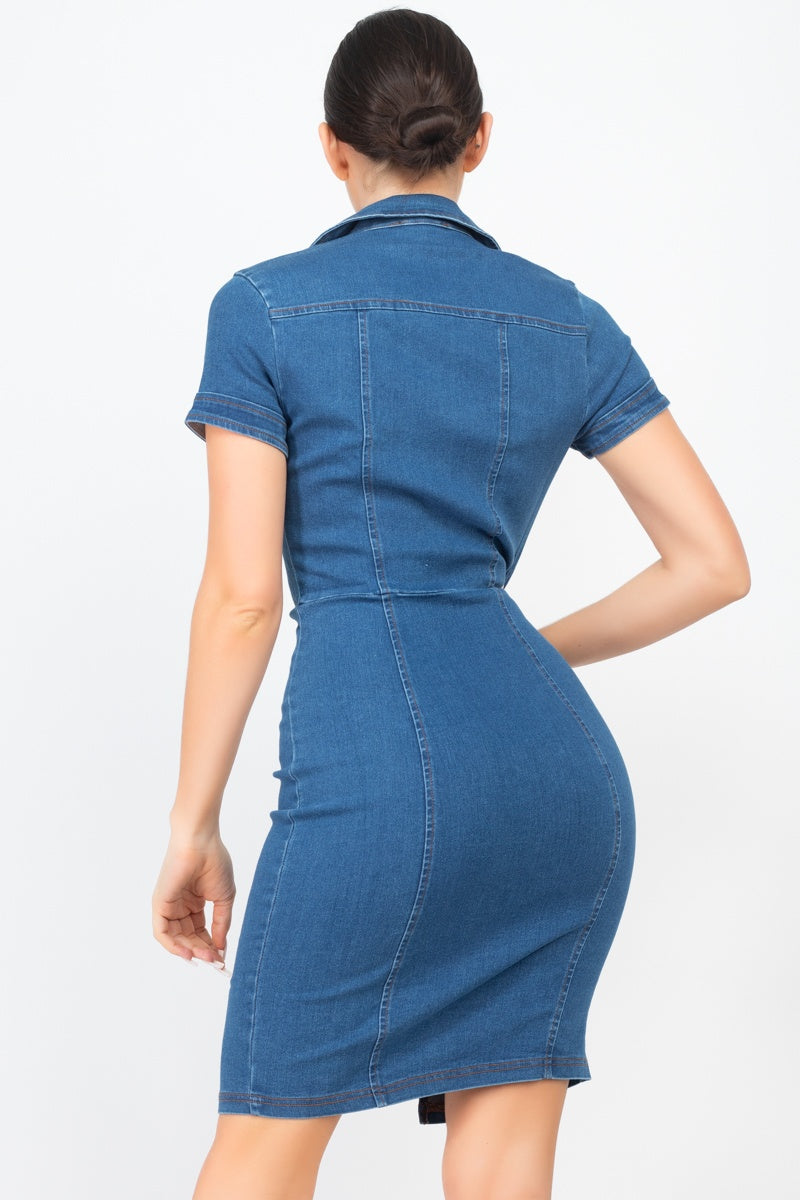 Zip Front Denim Mini Dress - YuppyCollections