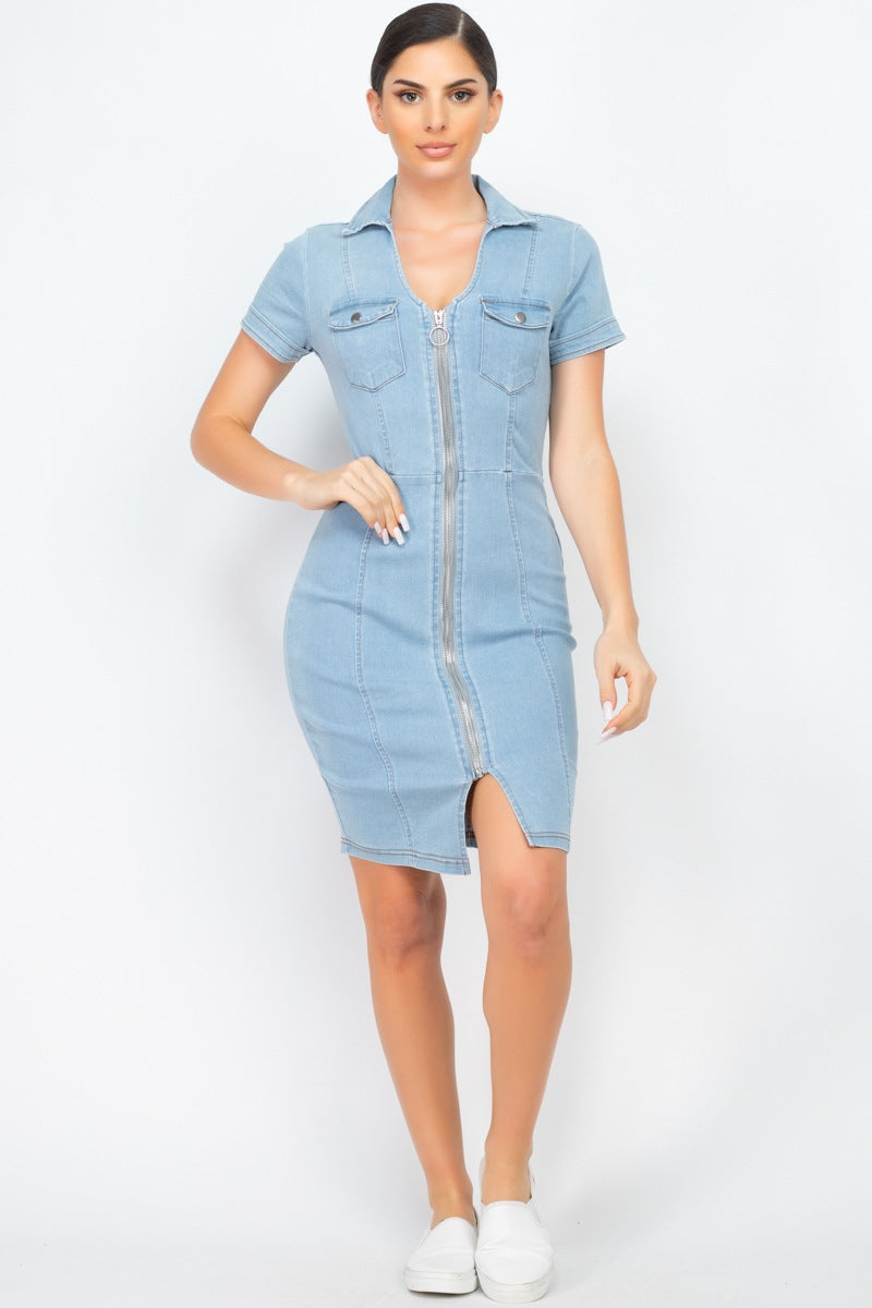 Zip Front Denim Mini Dress - YuppyCollections