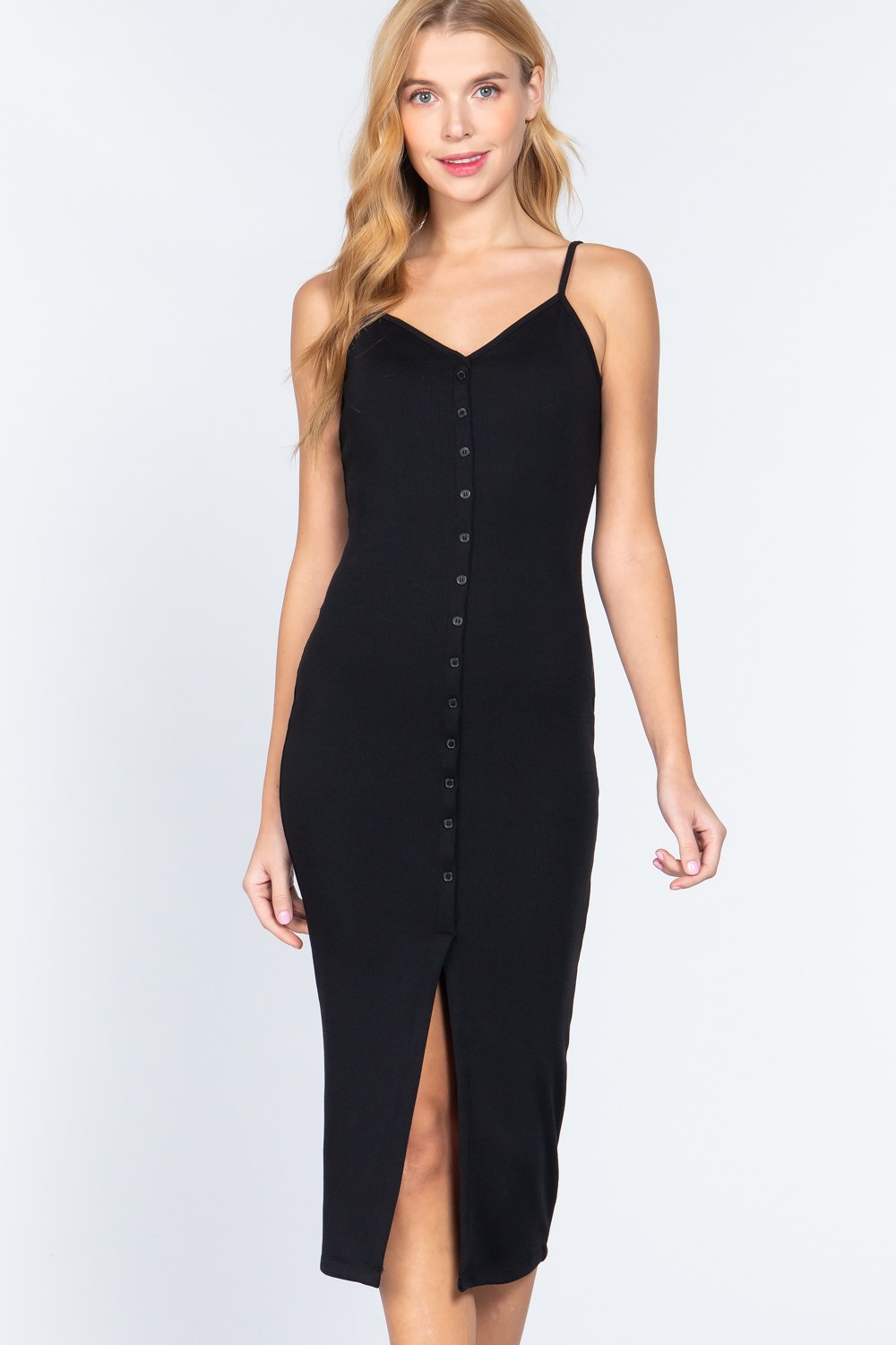 Fron Button Slit Rib Cami Midi Dress - YuppyCollections