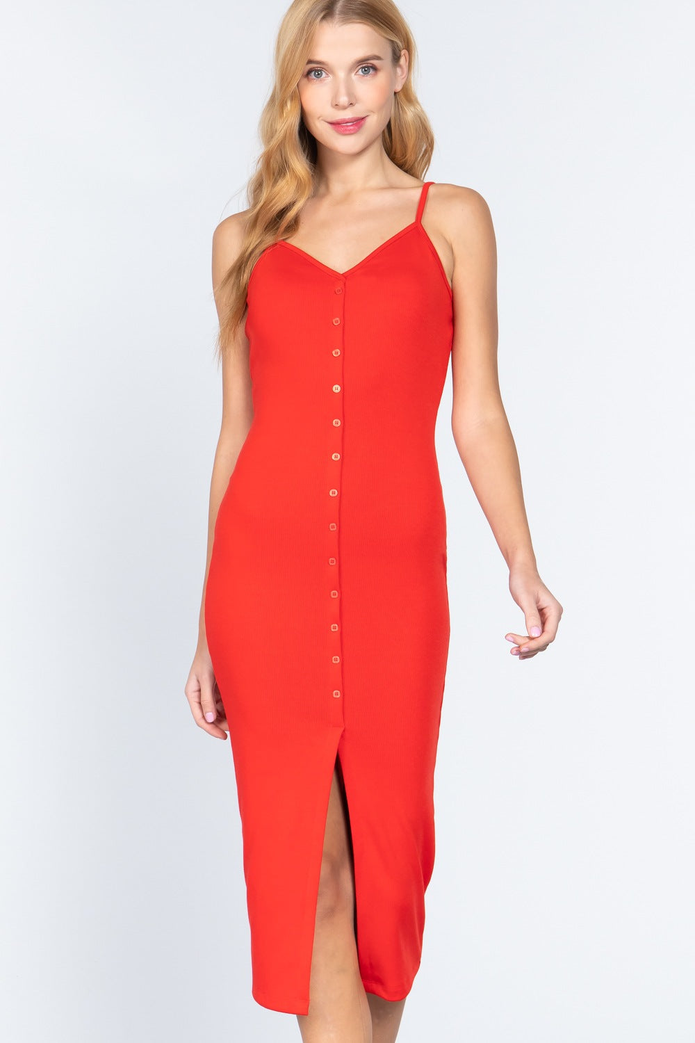 Fron Button Slit Rib Cami Midi Dress - YuppyCollections