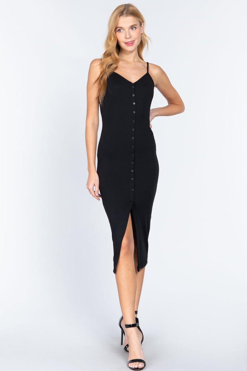 Fron Button Slit Rib Cami Midi Dress - YuppyCollections