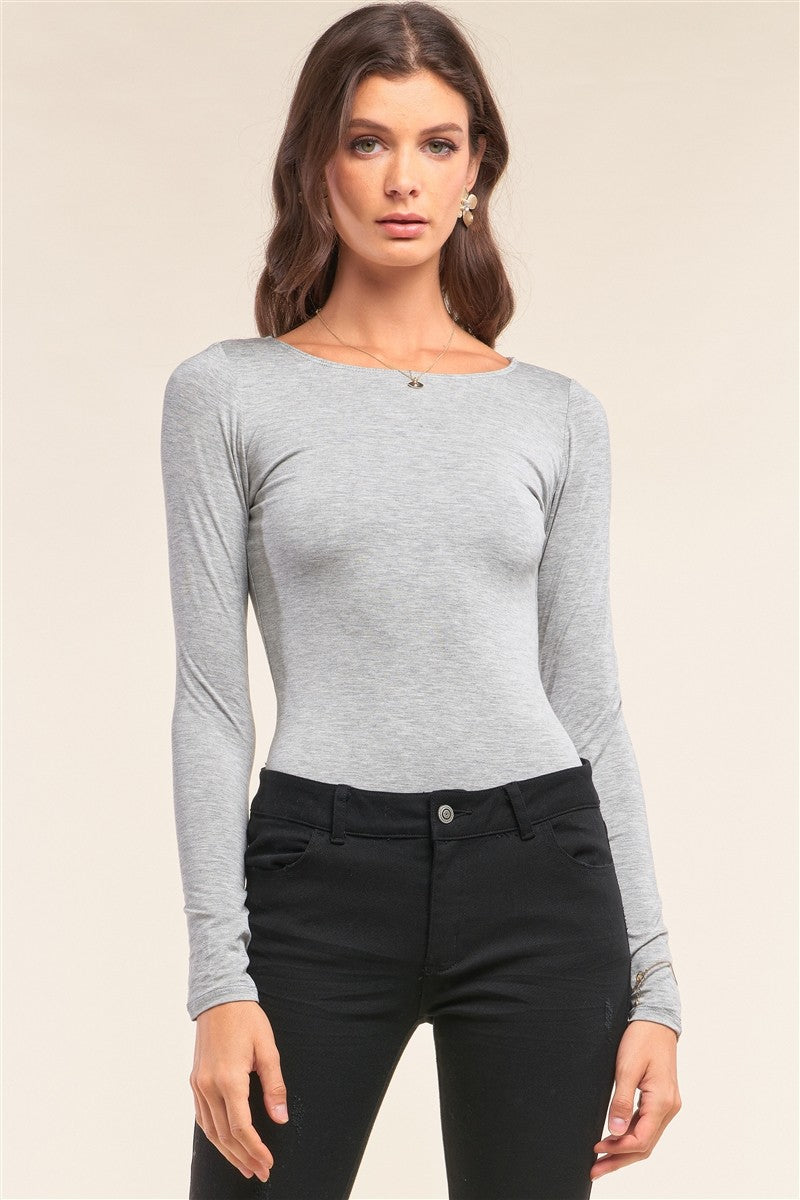 Plain Tight Fit Long Sleeve Round Neck Bodysuit - YuppyCollections