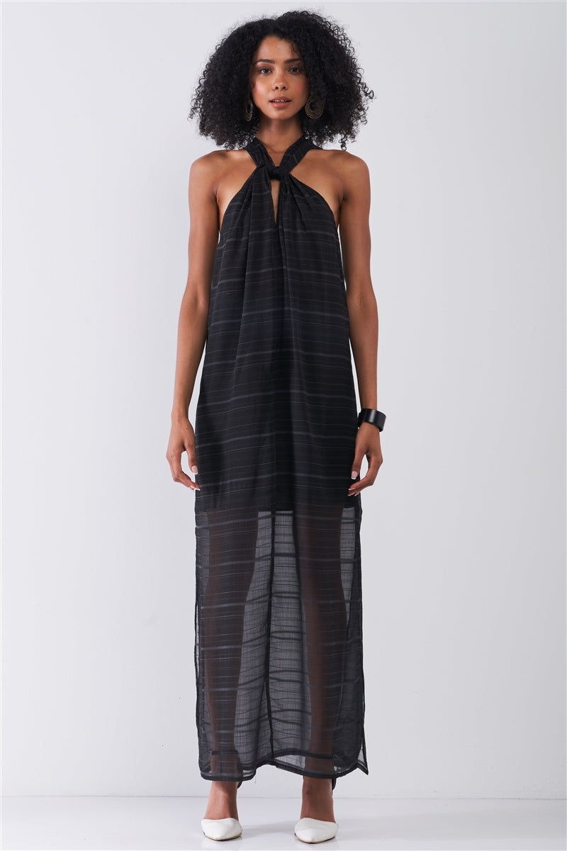 Black Stripped Chiffon Sleeveless Criss-cross Halter Neck Maxi Dress - YuppyCollections