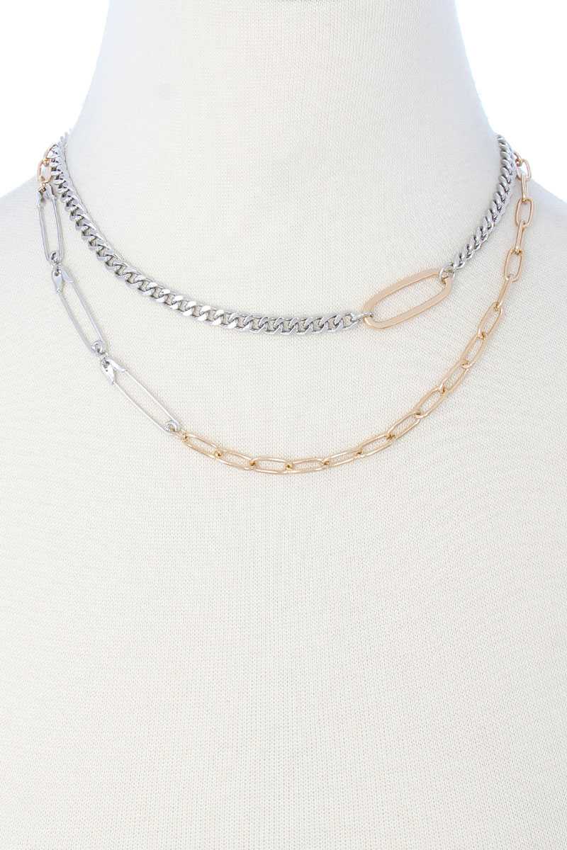 2 Layered Metal Clothing Pin Chain Multi Necklace - YuppyCollections