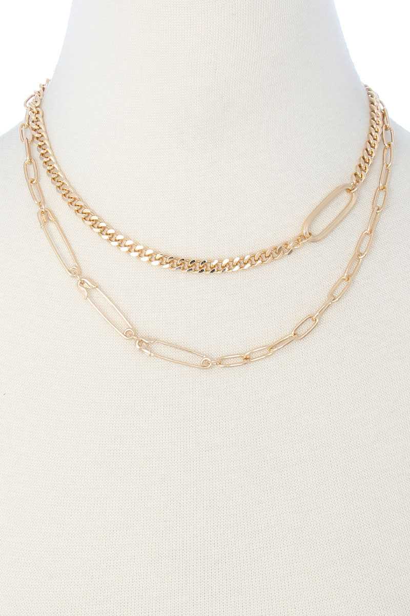 2 Layered Metal Clothing Pin Chain Multi Necklace - YuppyCollections