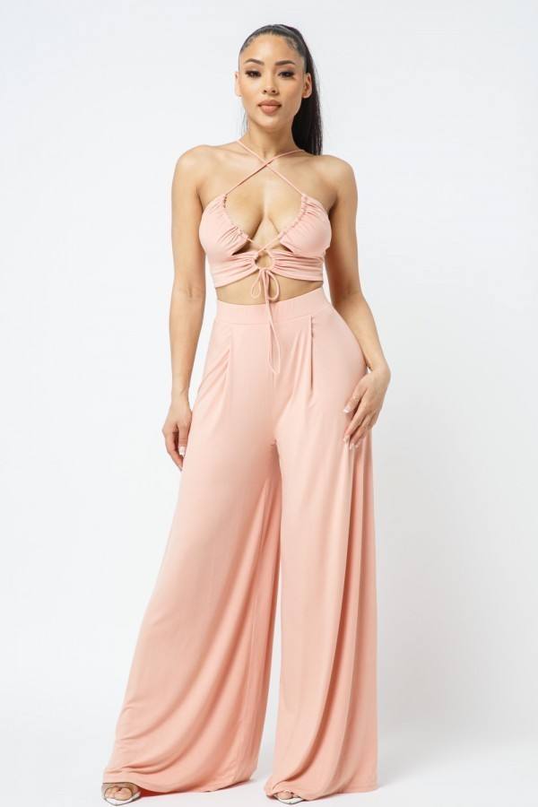 Cut Out With Key Hole Spaghetti Strap Top With Wide Pants Set - YuppyCollections