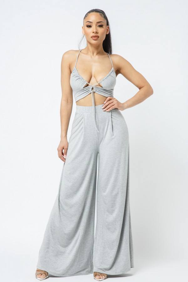 Cut Out With Key Hole Spaghetti Strap Top With Wide Pants Set - YuppyCollections