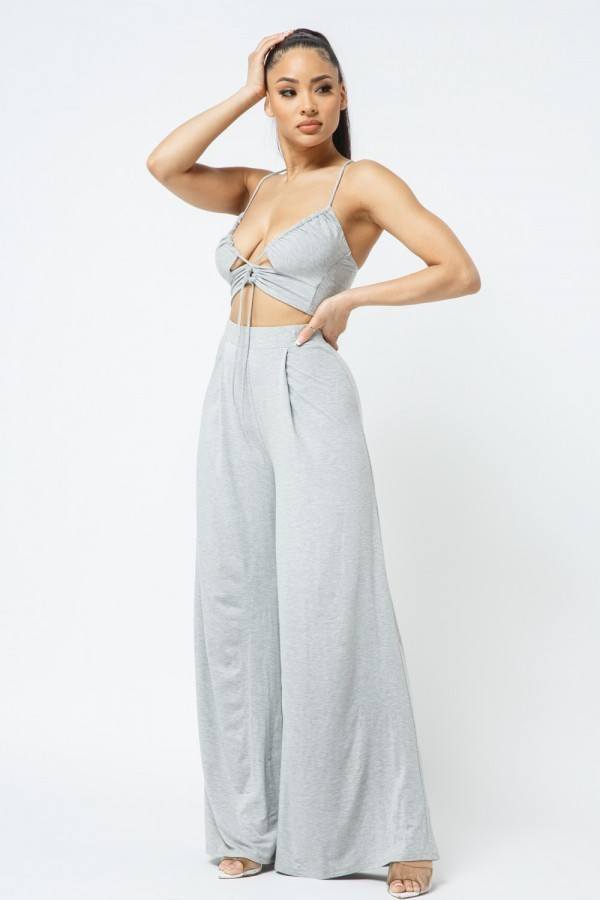 Cut Out With Key Hole Spaghetti Strap Top With Wide Pants Set - YuppyCollections