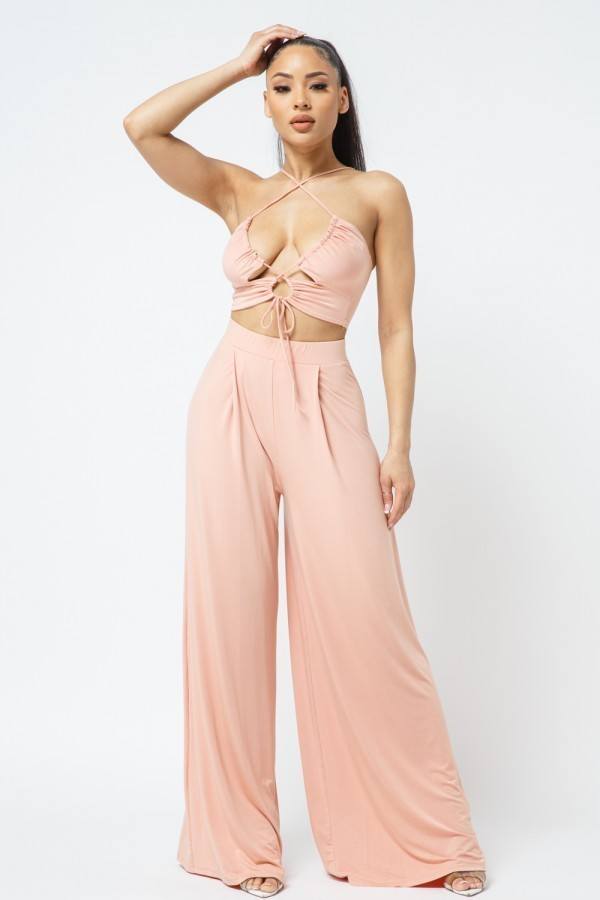 Cut Out With Key Hole Spaghetti Strap Top With Wide Pants Set - YuppyCollections