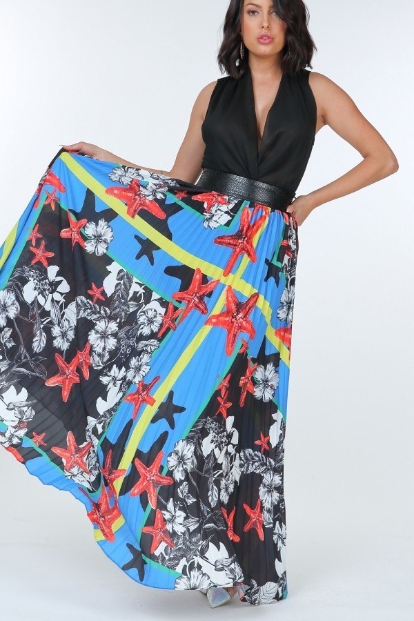 Pleated Print Maxi Skirt With Leather Waist Band - YuppyCollections