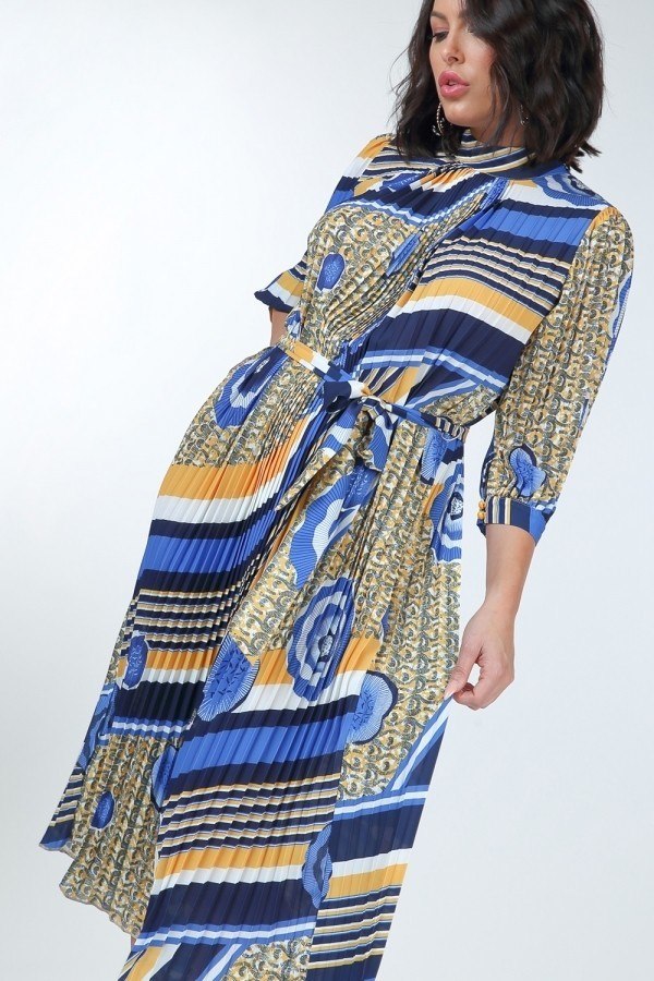 Pleated Print Midi Dress - YuppyCollections