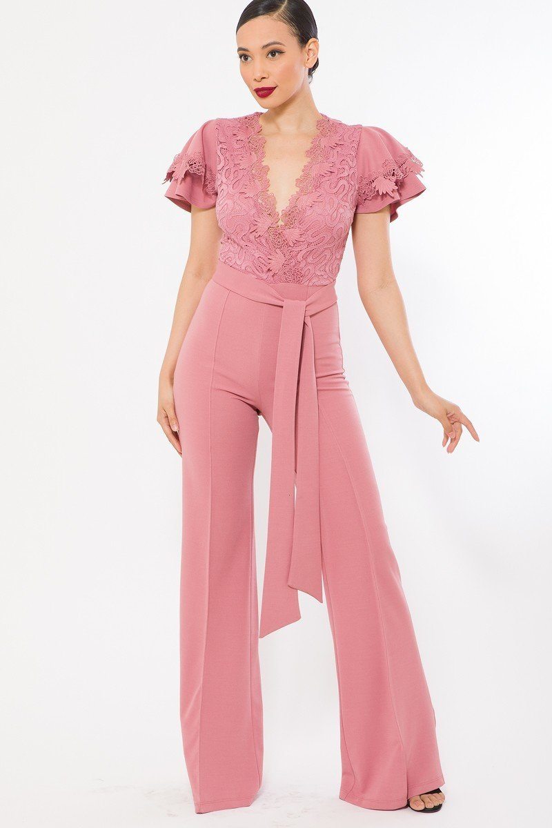 Deep V Crochet Lace Jumpsuit - YuppyCollections