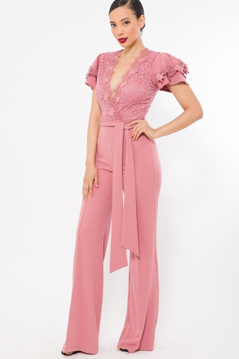 Deep V Crochet Lace Jumpsuit - YuppyCollections