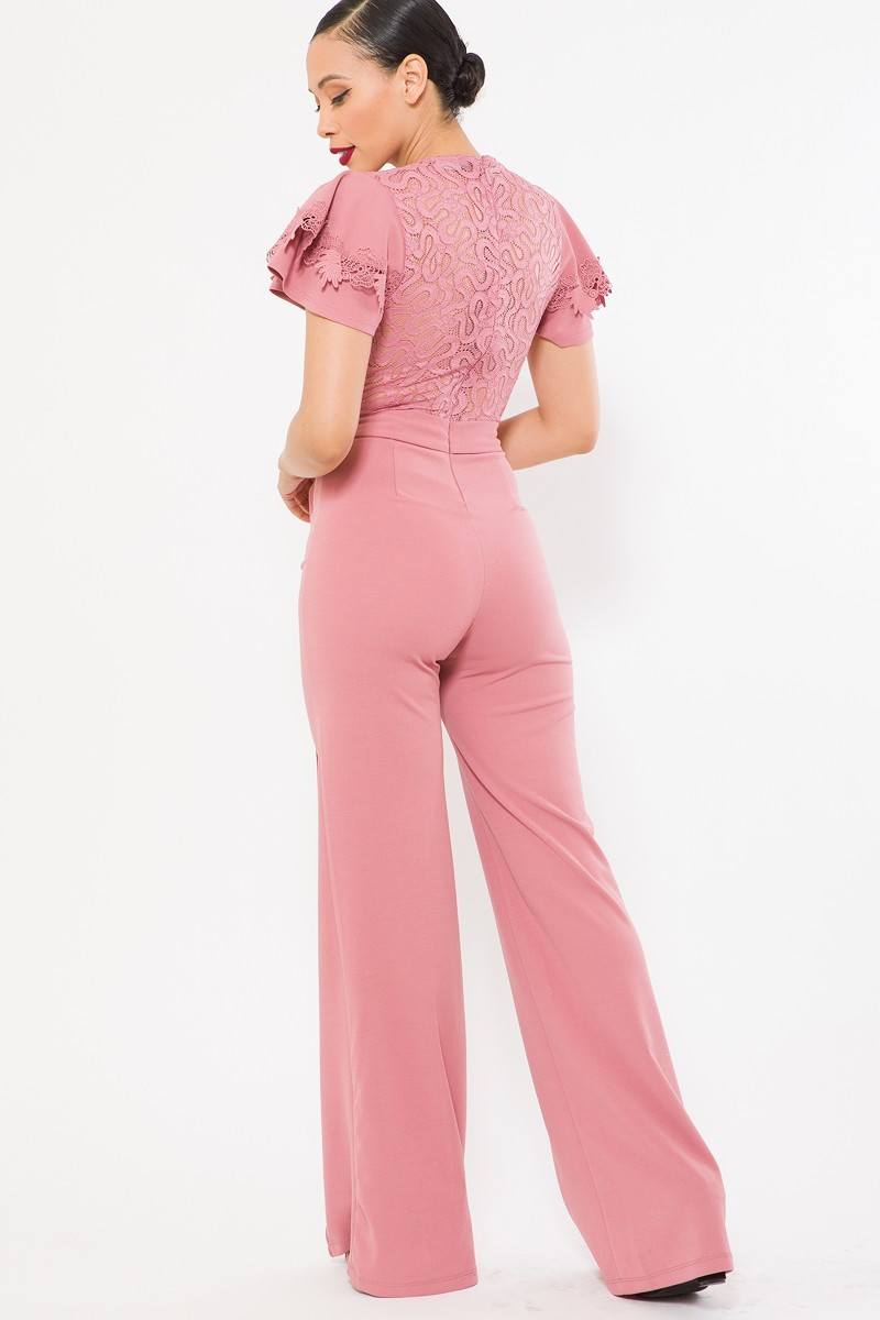 Deep V Crochet Lace Jumpsuit - YuppyCollections