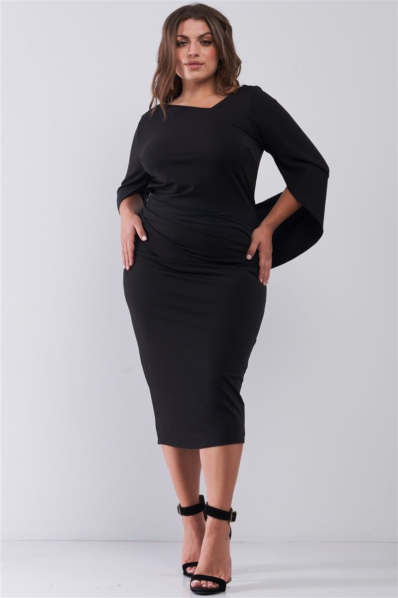 Plus Size Black Asymmetrical Neck Draped Sleeve & Back Detail Fitted Midi Dress - YuppyCollections