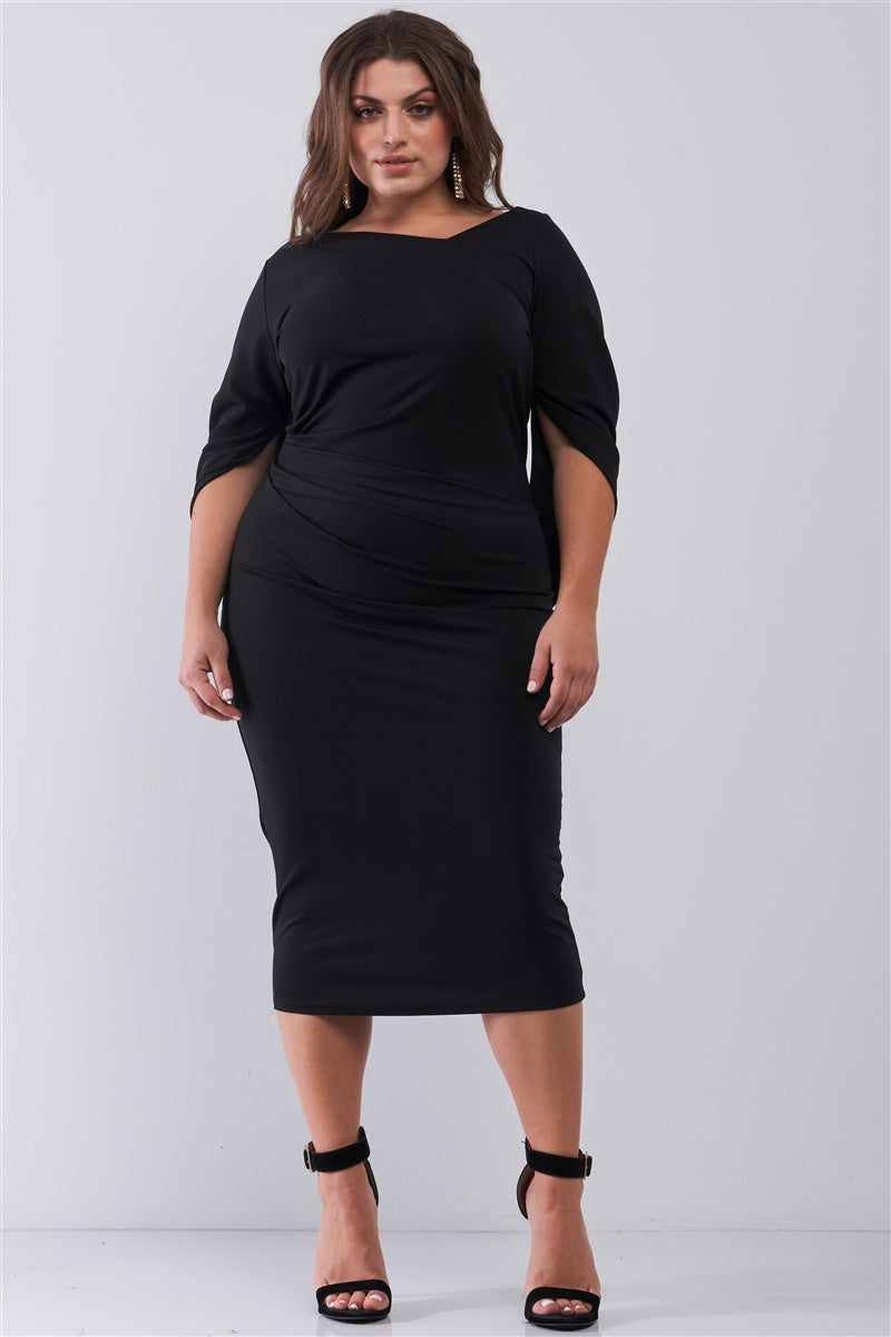 Plus Size Black Asymmetrical Neck Draped Sleeve & Back Detail Fitted Midi Dress - YuppyCollections