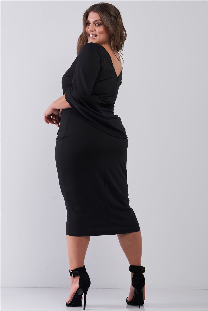 Plus Size Black Asymmetrical Neck Draped Sleeve & Back Detail Fitted Midi Dress - YuppyCollections