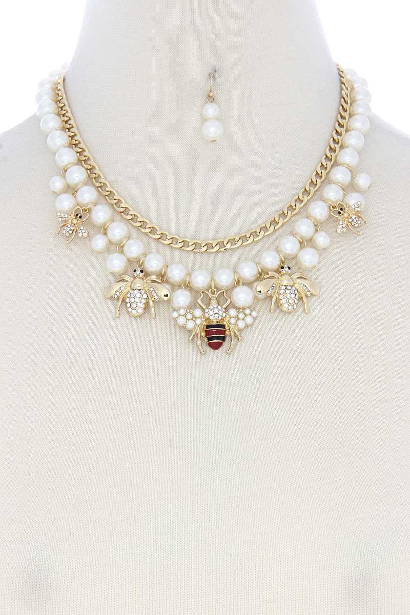 Bee Charm Pearl Bead Cuban Link Layered Necklace - YuppyCollections