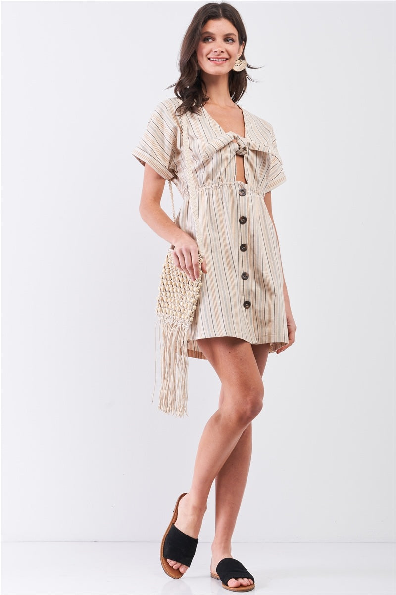 So 90s! Striped Self-tie Front Detail Short Sleeve Button Down Mini Shirt Dress - YuppyCollections