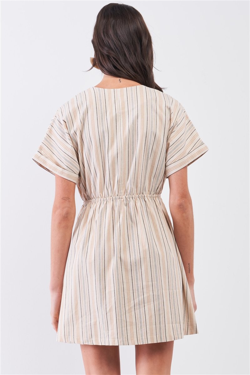 So 90s! Striped Self-tie Front Detail Short Sleeve Button Down Mini Shirt Dress - YuppyCollections