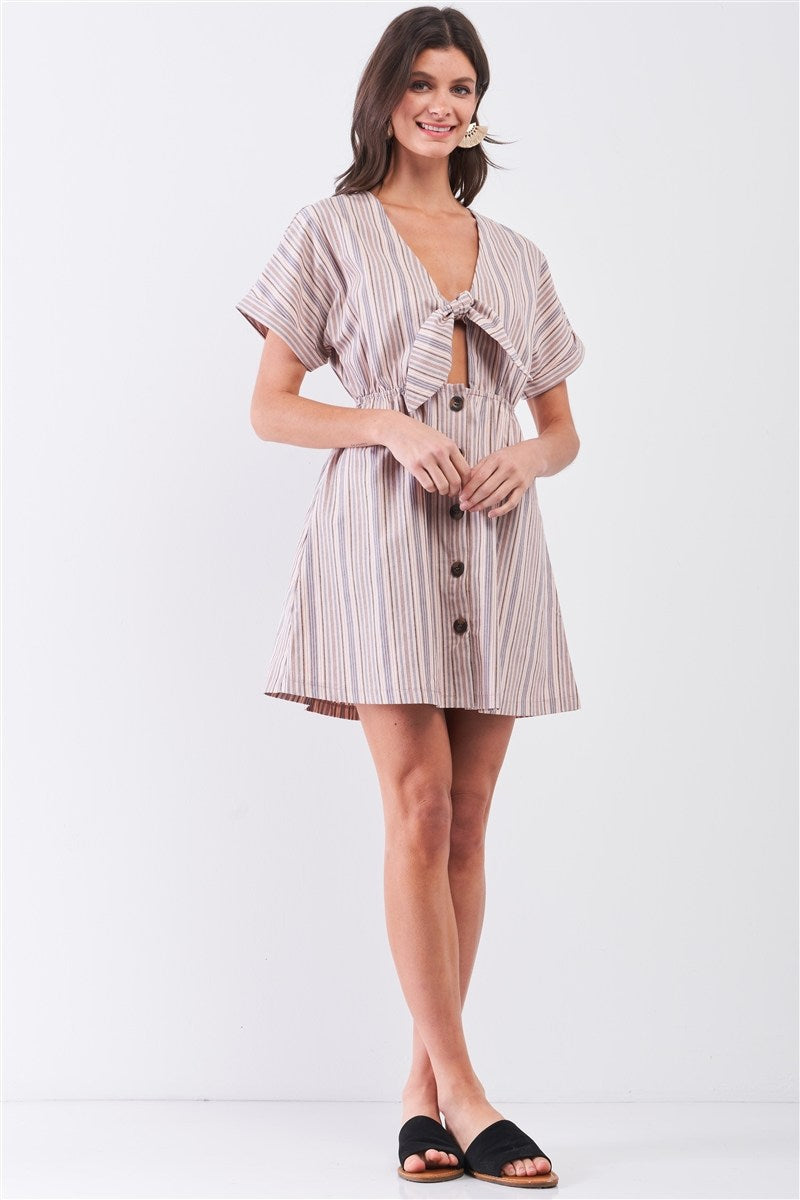 So 90s! Striped Self-tie Front Detail Short Sleeve Button Down Mini Shirt Dress - YuppyCollections