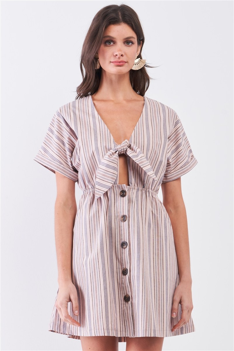 So 90s! Striped Self-tie Front Detail Short Sleeve Button Down Mini Shirt Dress - YuppyCollections