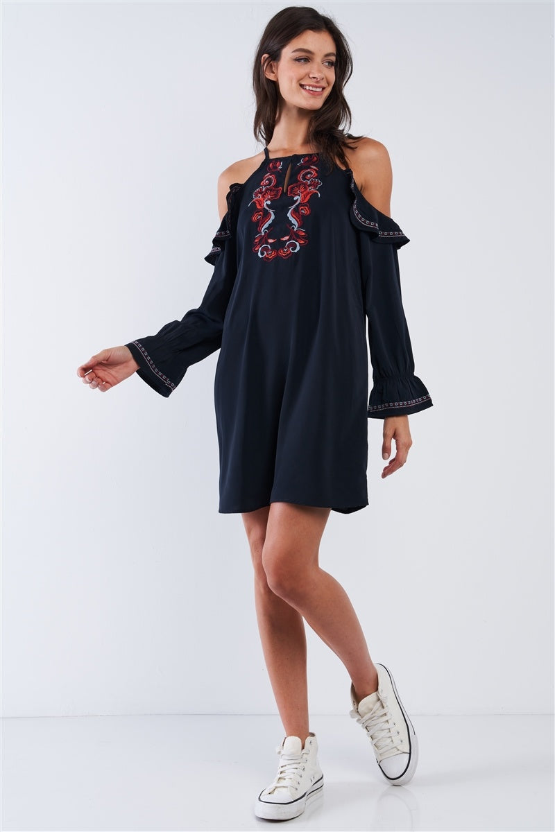 Black Boho Multicolor Traditional Slavic Inspired Floral Embroidery Loose Fit Ruffle Off-the-shoulder Long Sleeve Mini Dress - YuppyCollections