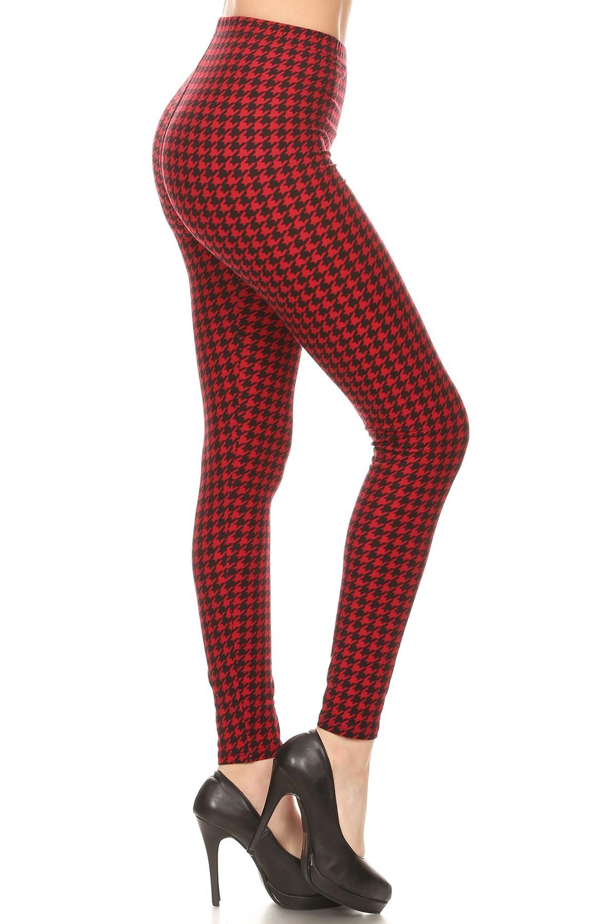 Hounds Tooth Print, High Rise, Fitted Leggings, With An Elastic Waistband - YuppyCollections