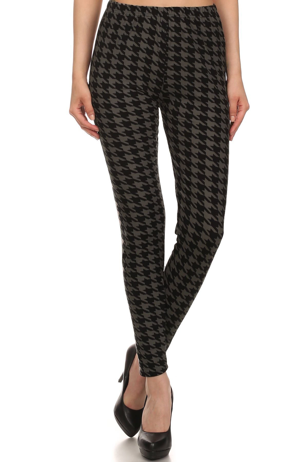 High Waisted Hound Tooth Printed Knit Legging With Elastic Waistband - YuppyCollections